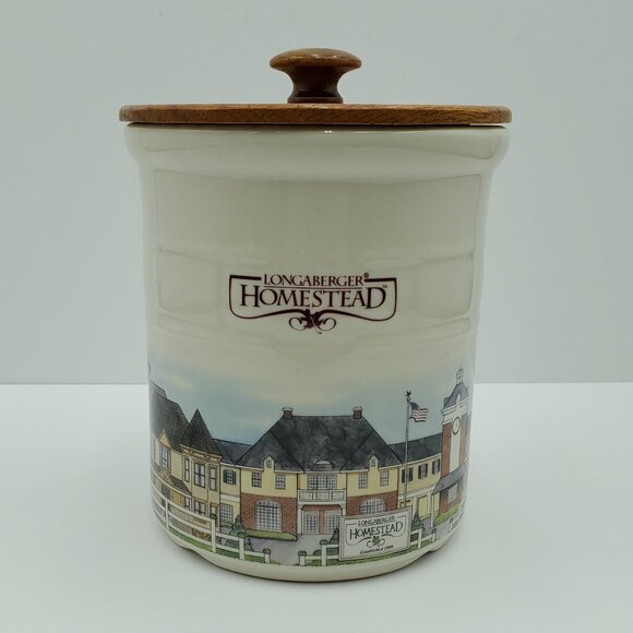 Longaberger 2 Qt Homestead Crock Wood Lid Utensil Holder Cookie Jar Canister - Picture 1 of 12
